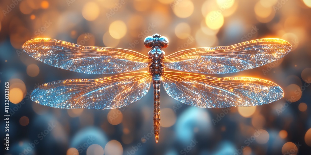 Aufkleber a shimmering dragonfly with sparkling wings against a blurred, colorful background.