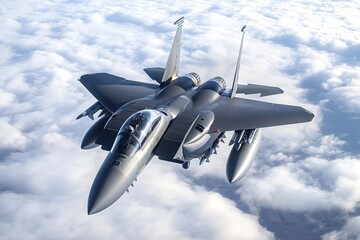 Modern f-15 eagle fighter jet soaring high above the clouds, armed with missiles and showcasing remarkable power and agility, epitomizing air superiority and military prowess