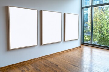 Three empty frames in a modern gallery space surrounded by natural light, showcasing a minimalist aesthetic with wooden flooring. trending mockup design