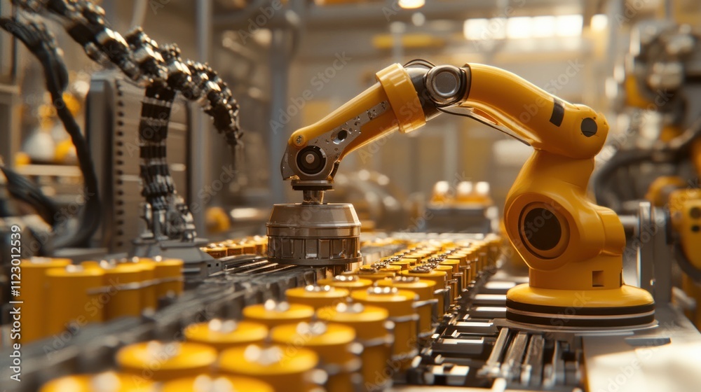 Poster automated factory: robotic arm assembling components