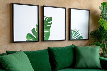 A stylish living room featuring a green sofa and framed botanical art with lush tropical leaves, creating a vibrant and inviting atmosphere. trending mockup design