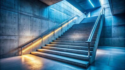 Fototapeta premium Modern Minimalist Concrete Staircase with Ambient Lighting Captured in Long Exposure, Showcasing Industrial Charm and Contemporary Design in a Unique Setting