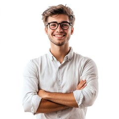 A happy, handsome young man in a blue shirt and glasses