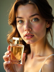 Fototapeta premium Delicate fragrance - a girl holding perfume bottle, showcasing elegance and style, highlighting beauty and sophistication, scented allure