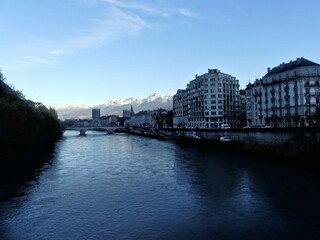Grenoble, France - November 2023: Visit the beautiful city of Grenoble in the middle of the Alps - View of the Alps in winter