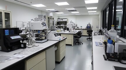 laboratory with advanced technical instruments and safety gear