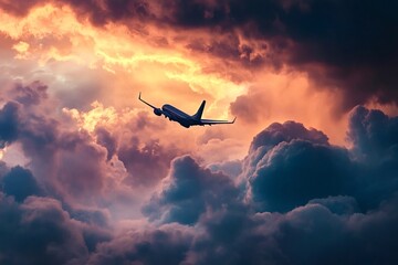 Passenger airplane soaring above the clouds during a stunning sunset, offering a captivating scene of travel and adventure in the vibrant sky filled with orange and purple hues