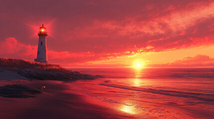 Fototapeta premium An old lighthouse casting its light over a deserted beach as the sun sets, the sky ablaze with vibrant hues of red, orange, and pink.