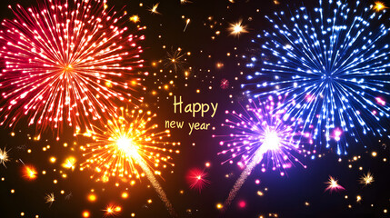 Fototapeta premium Happy New Year text illustration, Firework on black background, new year card concept