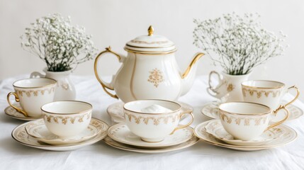 Fototapeta premium Elegant cream tea set with gold detailing, arranged on a white tablecloth with baby's breath.
