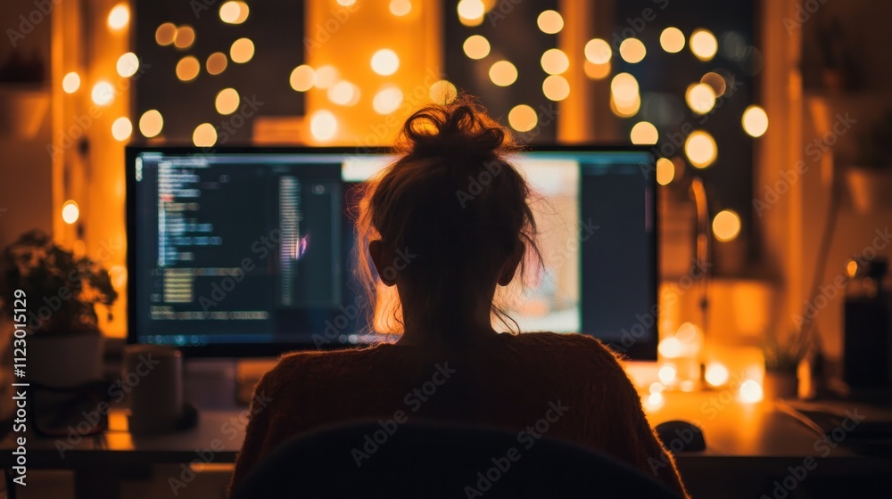 Poster night coder: silhouette of a programmer working on computer screen, illuminated by warm lights
