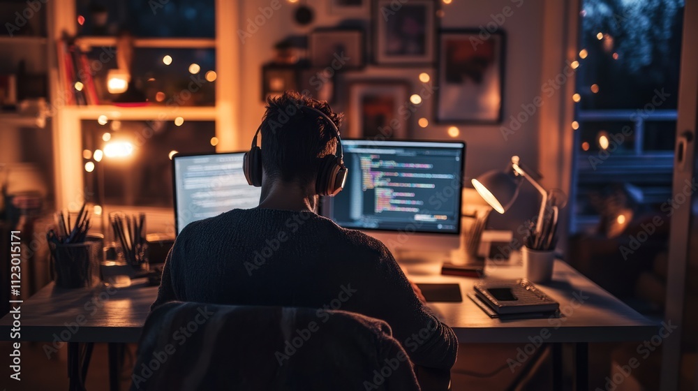 Poster night coder: focused programmer working late on personal project in cozy home office