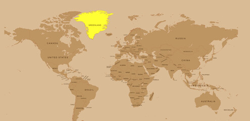 World Map Highlighting Greenland in Against Beige Background