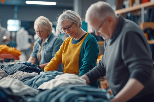 Happy senior volunteers sorting out donated clothes in community charity donation center.