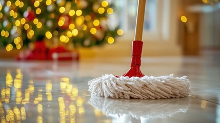 Cleaning against the backdrop of the Christmas tree