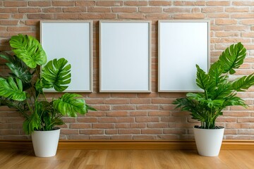 A modern interior featuring three empty frames on a brick wall, accompanied by lush green potted plants, creating an inviting and fresh atmosphere. trending mockup design