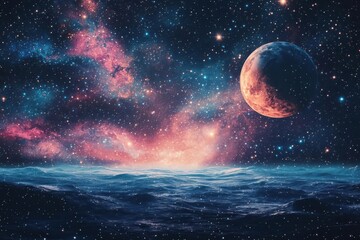 Obraz premium A vibrant cosmic scene featuring a colorful nebula, twinkling stars, and a prominent planet hovering above a tranquil ocean surface.
