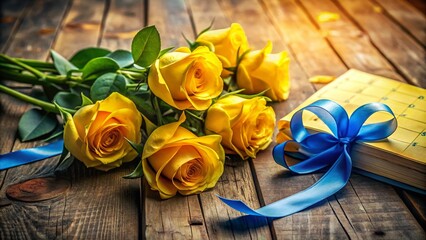 Night Photography Capture of Yellow Roses and Blue Ribbons on a Wooden Table with July Calendar Pages for Sarcoma Cancer Awareness Month