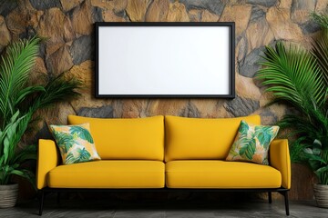 A modern yellow sofa with tropical-patterned pillows in front of a textured stone wall, framed by lush green plants, creating a vibrant living space. trending mockup design