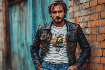 Stylish man wearing a vintage leather jacket and graphic tee poses against a brick wall and blue metal door
