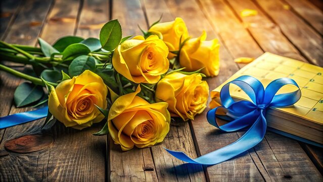 Night Photography Capture of Yellow Roses and Blue Ribbons on a Wooden Table with July Calendar Pages for Sarcoma Cancer Awareness Month - Powered by Adobe