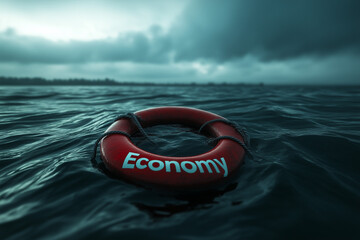 A sinking lifebuoy with the word "Economy" on it, half-submerged in stormy waters. Dark and moody lighting.