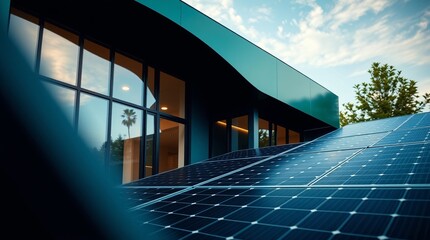 Obraz premium Sustainable Modern Architecture: Solar Panels on a Green Building 