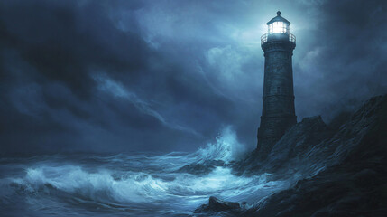 An old lighthouse standing alone by the sea, with waves crashing against the rocks. A pale light shines, though no one is seen inside.
