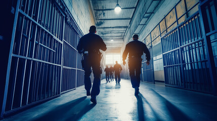 Prison Riot: Silhouetted figures of correctional officers in urgent pursuit down a prison corridor, a dramatic depiction of law enforcement in action.