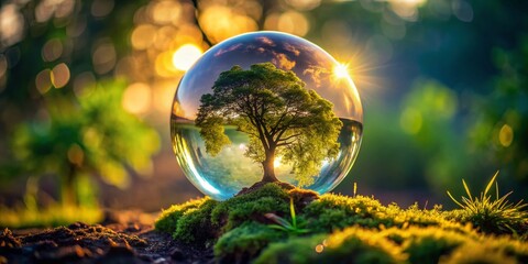 Night Photography of a Glass Globe Ball Reflecting a Tree Growing in a Blurred Green Nature Background for Eco Earth Day Concept in Stunning 4K Quality