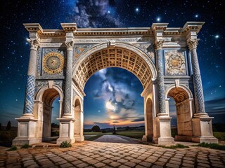Fototapeta premium Night Photography of a White Arch Mosaic Pattern in Antique Roman Style, Capturing the Intricate Details and Textures of Historical Architecture under Starry Skies