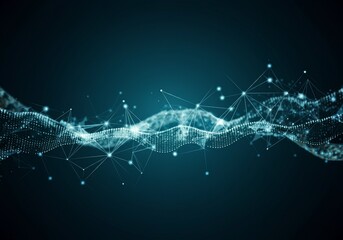 A digital illustration of a network of interconnected lines and dots forming a wave-like pattern on a dark blue gradient background

