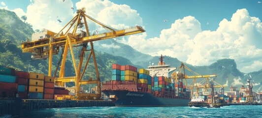 Fototapeta premium Vibrant Container Ship at a Tropical Port