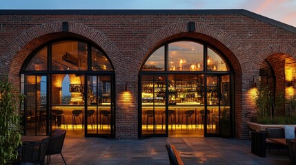Rooftop bar with brick archways, illuminated interior, and outdoor seating at dusk.