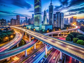 Fototapeta premium Nighttime Automotive Flyover Panorama Showcasing Urban Infrastructure with Billboards, Skyscrapers, and Business Centers in a Dynamic Cityscape