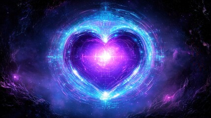 Fototapeta premium A vibrant cosmic heart glows in deep purples and blues, surrounded by a starry backdrop, symbolizing love and the universe's interconnectedness.