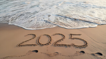 2025 year, happy new year 2025, beach, sand art 2025