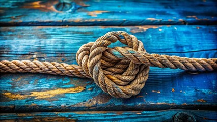 Fototapeta premium Old Shabby Rope Knot on Weathered Blue Wooden Background - Capturing the Essence of Rustic Textures and Timeless Craftsmanship in Documentary Photography