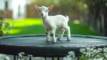 Obraz premium Little White Goat on a Trampoline Having Fun