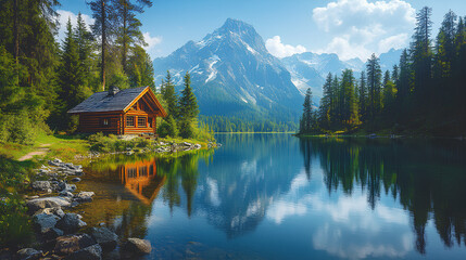 Obraz premium Enjoy a peaceful retreat in a cozy cabin by the lake, surrounded by majestic mountains and lush trees, perfect for unwinding and connecting with nature