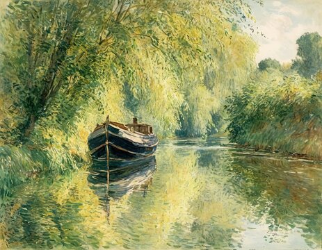 Serene River Scene with People Boating
