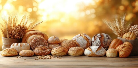 A variety of breads and wheat ears displayed on a rustic wooden table