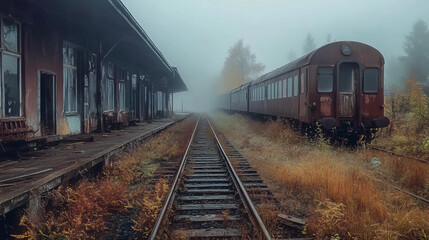 Obraz premium An old train station surrounded by mist, with overgrown tracks leading into the distance and rusted trains waiting silently.