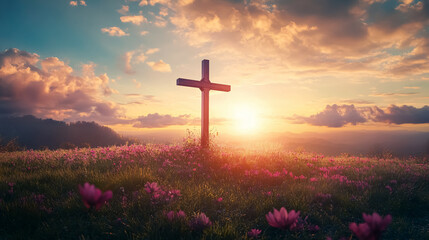 An Easter-themed image featuring a cross on a meadow at sunrise in autumn.