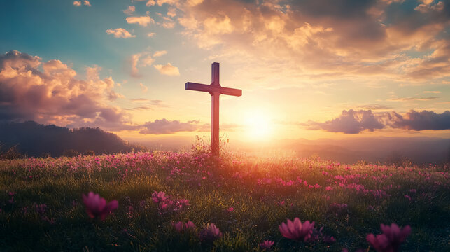 An Easter-themed image featuring a cross on a meadow at sunrise in autumn.