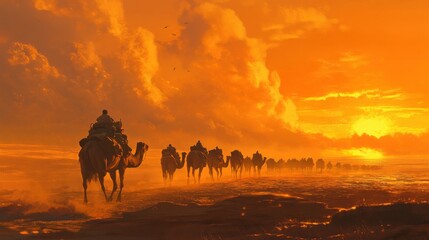 Herd of camels crossing a vast desert under a golden-orange sky