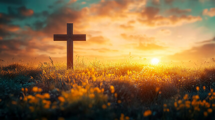 An Easter-themed image featuring a cross on a meadow at sunrise in autumn.