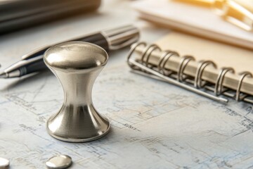 A Close-Up View of a Unique Silver Push Pin Amongst Various Office Supplies on a Light-Colored Desk Surrounded by Soft Lighting and Textured Elements
