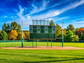 Fototapeta premium Panoramic View of a Baseball Scoreboard at a Recreational Sports Field Capturing Game Day Excitement with Bright Colors and a Clear Sky for Sports Enthusiasts and Fans