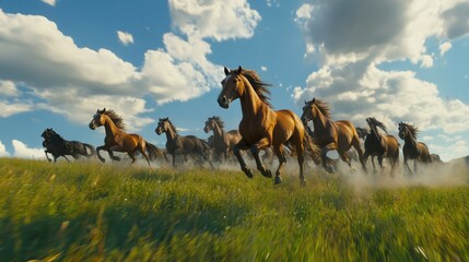 Herd of wild horses running across a grassy plain under a blue sky